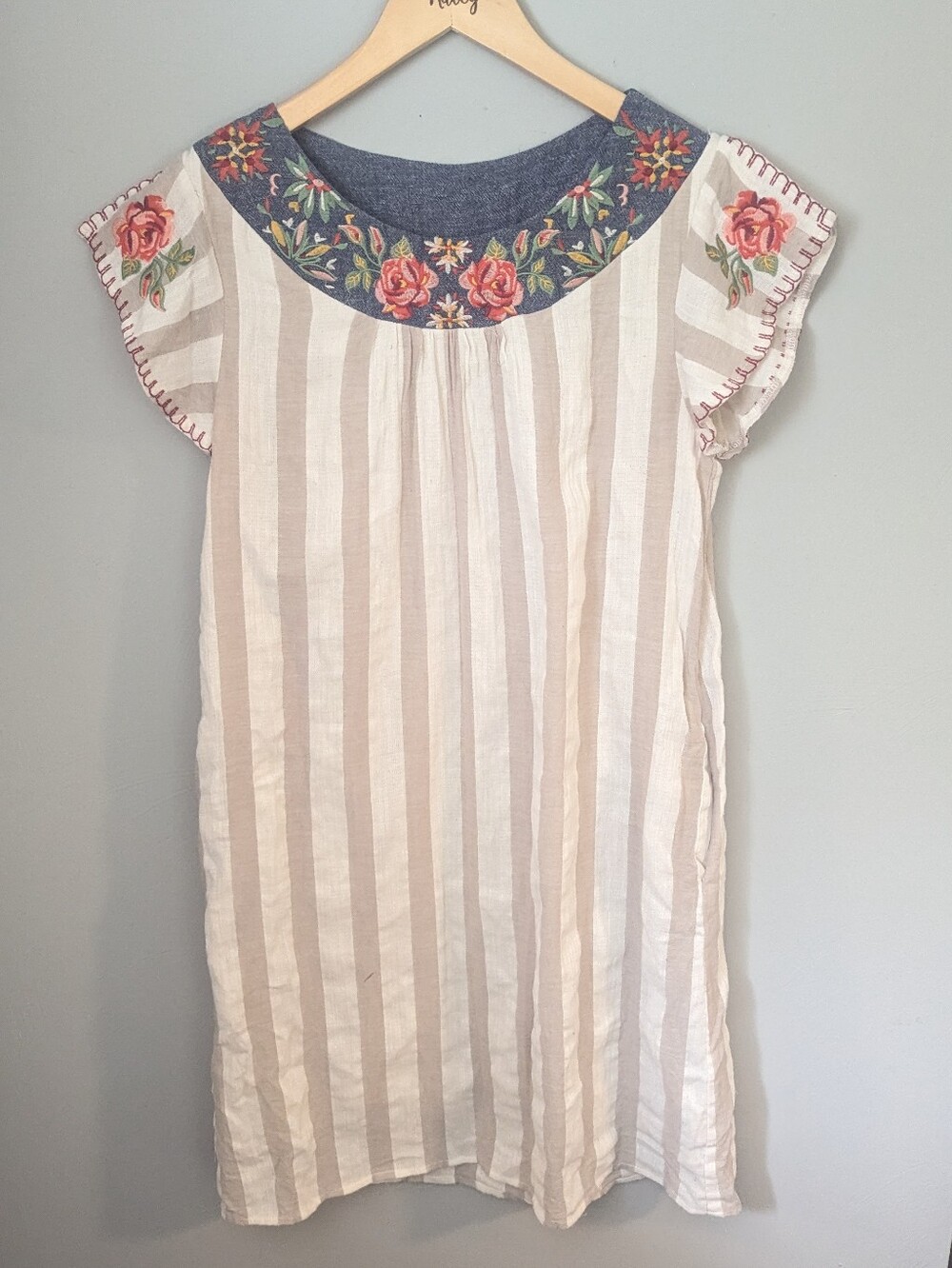 L Love Striped Cream & Tan Casual Dress with Floral Embroidery